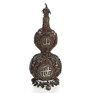 Sino-Tibetan silvered overlay double gourd vase