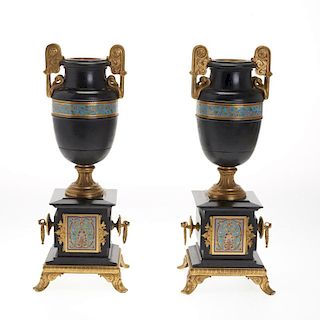 Pair Louis Philippe bronze, champleve, marble urns