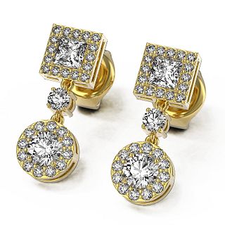 1.72 ctw Princess Cut Diamond Designer Earrings 18K Yellow Gold