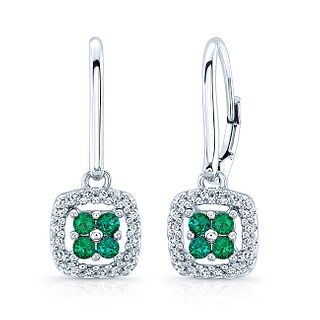 Created Emerald And Diamond Dangle Clover Leverback Earrings In 14k White Gold