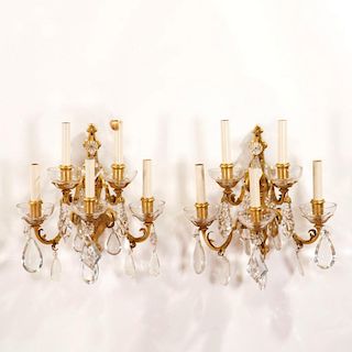 Pair French style bronze, crystal 5-light sconces