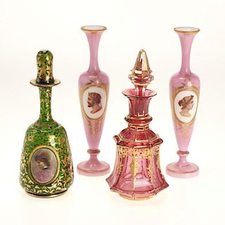 (4) Bohemian glass vases and scent bottles
