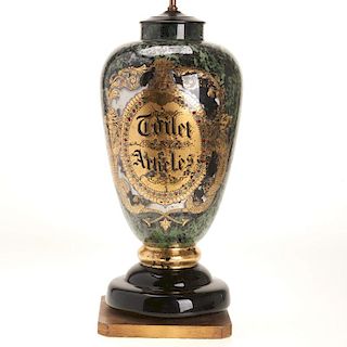 Antique English eglomise glass vase lamp