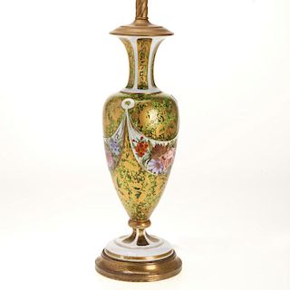 Bohemian gilt, enameled emerald glass vase lamp