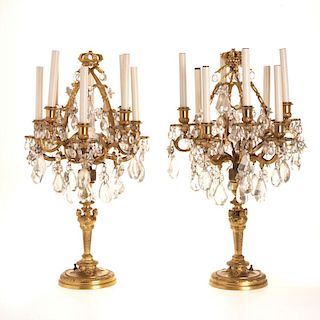 Pr Louis XVI style gilt bronze, crystal candelabra