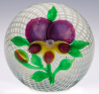 A 1930S CHINESE ART GLASS PAPERWEIGHT WITH PANSY