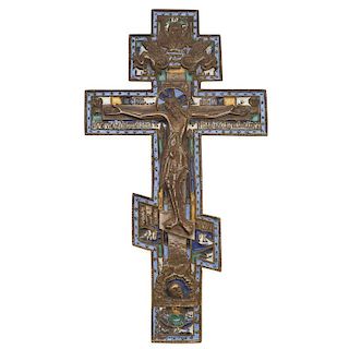 Russian Orthodox bronze, champleve enamel cross