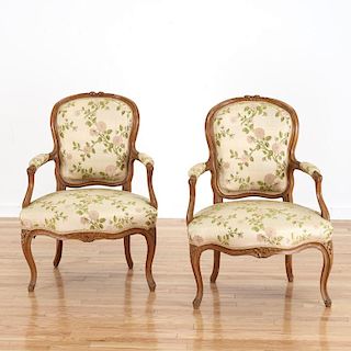 Pair Louis XV style fruitwood fauteuils