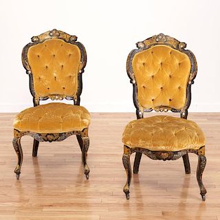 Pair Victorian inlaid, ebonized side chairs
