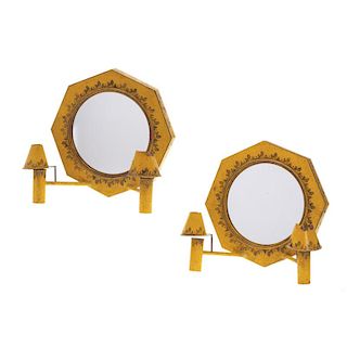Pair French yellow tole mirrored sconces