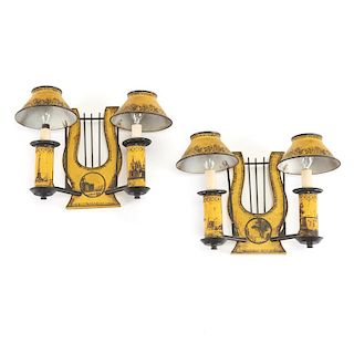 Pair Empire style yellow tole lyre back sconces