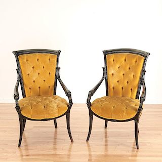 Pair Victorian style ebonized open armchairs