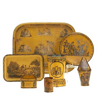 Group (7) French yellow tole trays and vessels