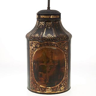Antique English tole tea canister lamp