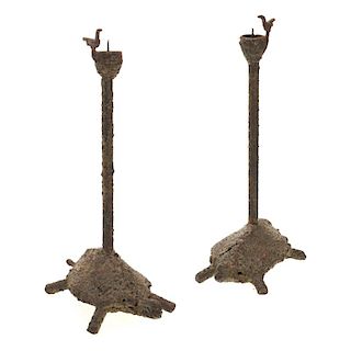 Pair Brutalist bronze turtle form candlesticks