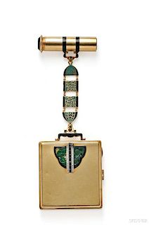 Art Deco Lady's 18kt Gold, Enamel, and Jade Compact and Lipstick Case
