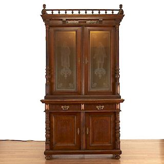 German Jacobean style mahogany bookcase cabinet