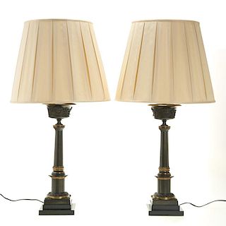 Pair Restauration patinated bronze colza lamps