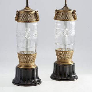 Pair Louis XVI style brass mounted cut glass lamps