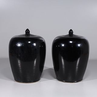 Pair of Black Glazed Chinese Porcelain Covered Vases