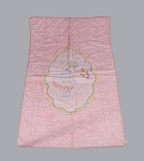 1930's Hand Stitched Pink American Crib Quilt