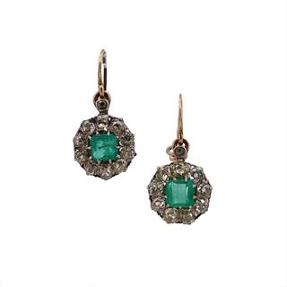 Vintage 18k Gold & Platinum Emerald and Diamonds Earrings