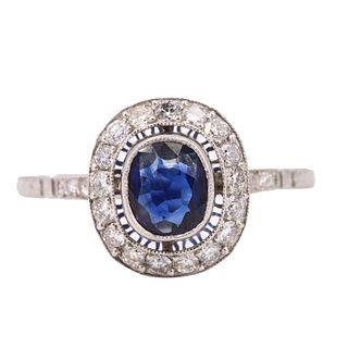 Antique Platinum Ring with Sapphire & Diamonds