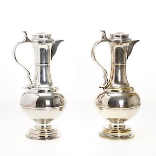 Pair monumental Sheffield silver plated ewers