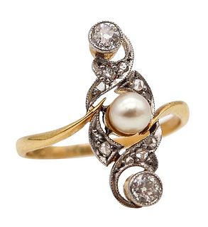 Edwardian Natural Pearl Ring In 18Kt Gold With Rose Cut Diamonds