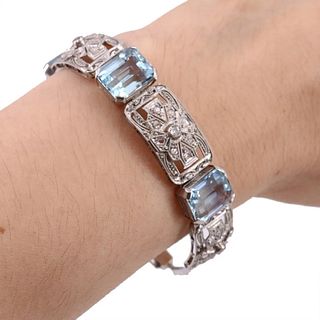 Art Deco Platinum Bracelet with Diamonds & Aquamarines