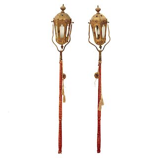 Pair Venetian gilt metal gondola pole lanterns