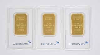 (3) Valcambi Credit Suisse Fine Gold 1 Troy Oz. Bars.