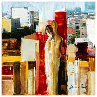 Adriana Naveh, "City in Red" Original Acrylic Painting on Canvas, Hand Signed with Letter of Authenticity
