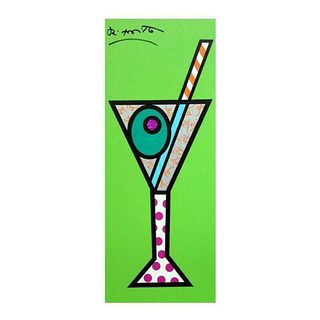 Britto, "Green Martini" Hand Signed Limited Edition Giclee on Canvas; Authenticated