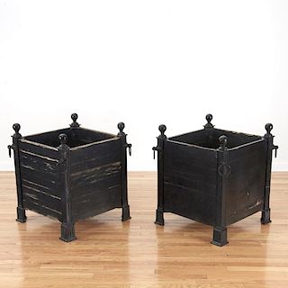 Pair Versaille iron and wood planter boxes