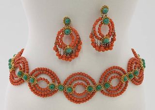 De Lillo coral necklace/belt and earrings