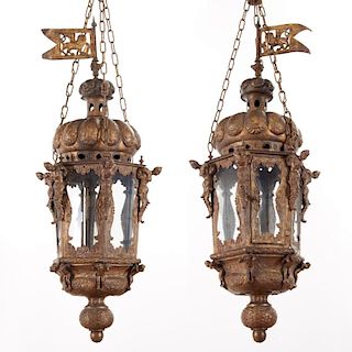 Large antique Venetian gilt metal hall lanterns