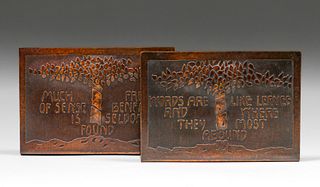 Carence Crafters Acid-Etched Copper Motto Bookends c1910