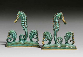 Arts & Crafts Bronze Seahorse Bookends c1920