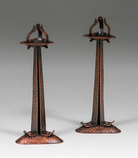 Buffalo, New York Arts & Crafts Hammered Copper Triangular-Shaped Candlesticks c1910s