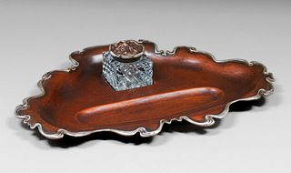 Joseph Heinrichs Copper & Silver Crystal Owl Inkwell Pen Tray c1905