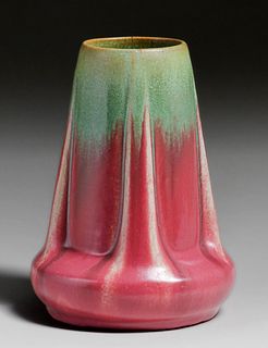 Fulper Pottery Matte Green & Pink Buttress Vase c1910s