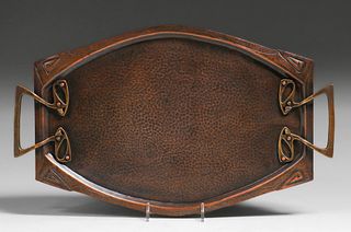 WMF German Hammered Copper & Brass Oval Serving Tray c1905