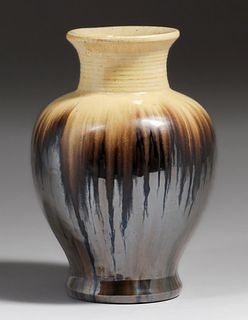 Fulper Pottery Ivory & Mirror Black Flambe Vase c1910s