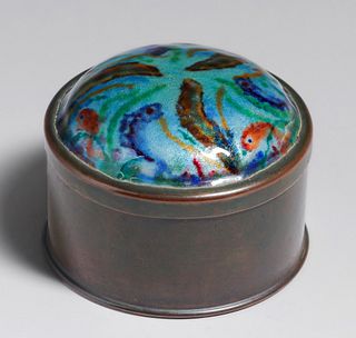 Boston Arts & Crafts Hammered Copper & Enamel Fish Motif Box c1920