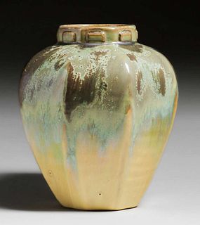 Fulper Pottery Eight-Sided Leoparkskin & Yellow Flambe Vase c1910s
