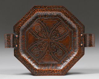 Arts & Crafts Hammered Copper & Acid-Etched Two-Handled Tray c1910