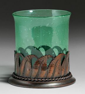 Roycroft & Steuben Glass Hammered Copper Vase c1920s