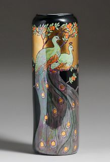 American Arts & Crafts Hand-Decorated Austrian Porcelain Peacock Vase c1910