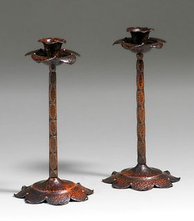 New York Arts & Crafts Hammered Copper Candlesticks c1910